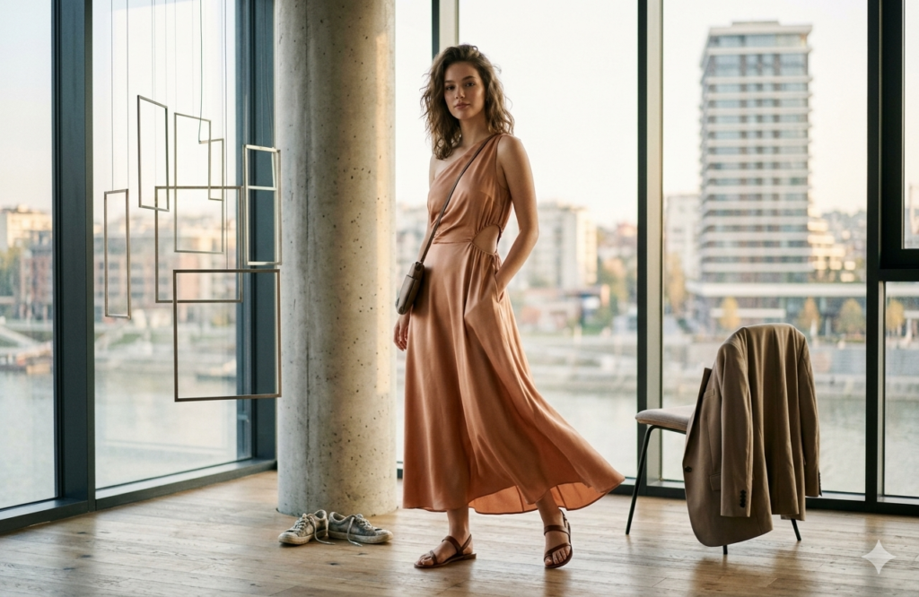 Moderna devojka u dugoj asimetričnoj haljini boje šampanjca sa izrezom na struku pozira u osvetljenom SOHO Showroom enterijeru sa pogledom na Beograd na vodi za blog o maturskim haljinama 2026.