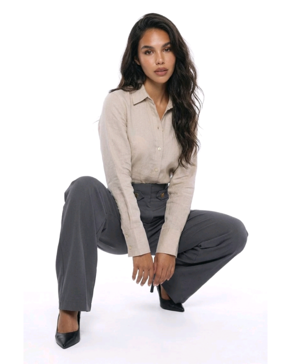 Sartoria pantalone sive boje, wide-leg model visokog struka sa zlatnim kopčama, prednji pogled – DM kolekcija
