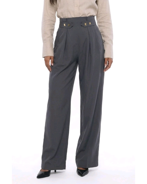 Sartoria pantalone sive boje, wide-leg model visokog struka sa zlatnim kopčama, prednji pogled – DM kolekcija